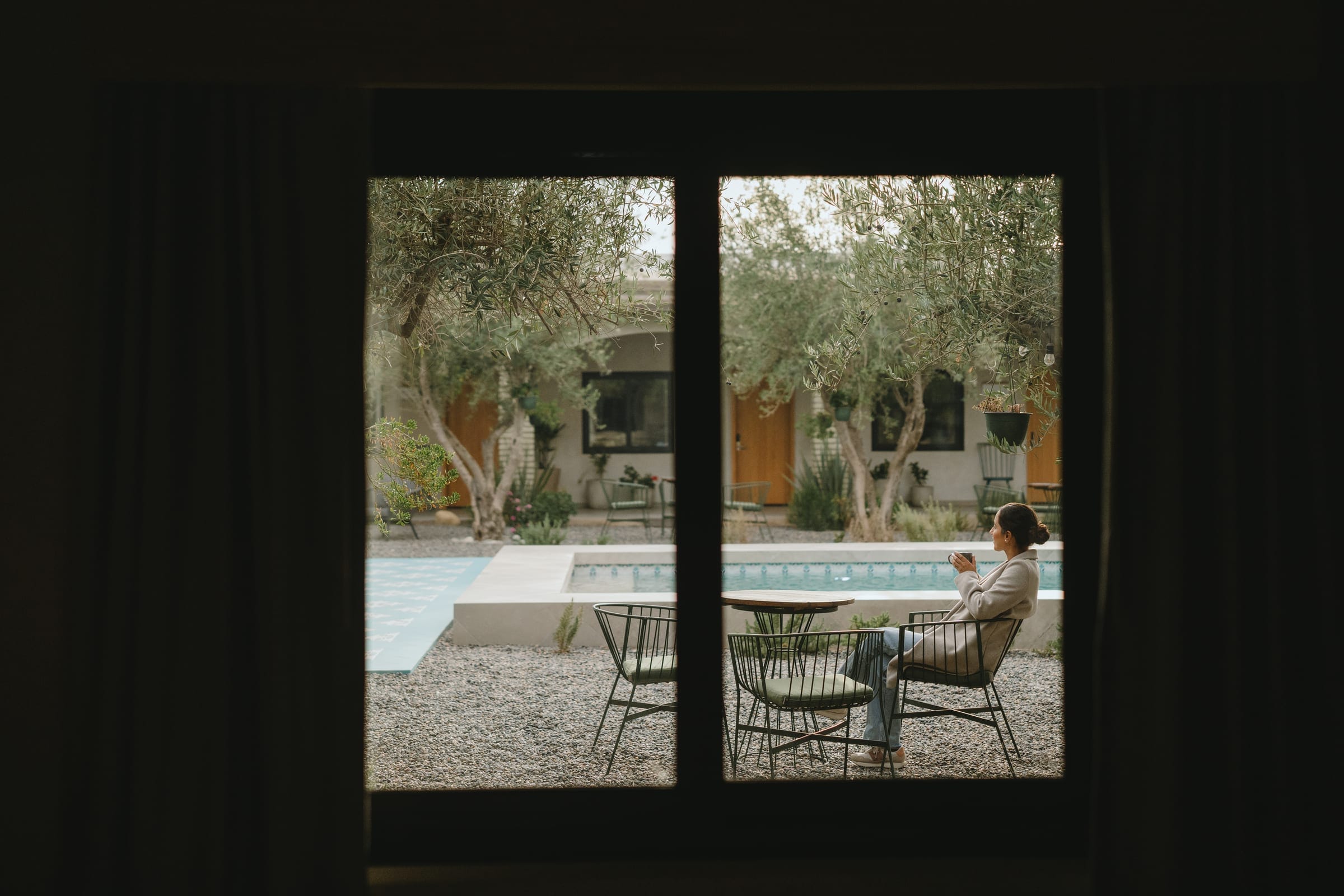 Courtyard framed by olive trees